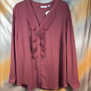 Susan Geaver 22w sheer chiffon  Burgundy Ruffle Blouse.‎ H1 office wear
